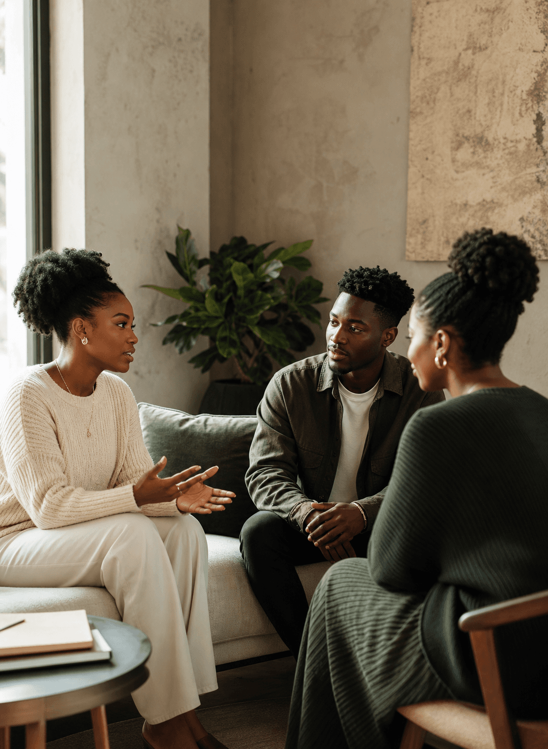 Three young adults having a thoughtful conversation in a calm, contemporary setting